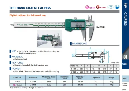 Left Hand Digital Calipers (D-HL Series) 2