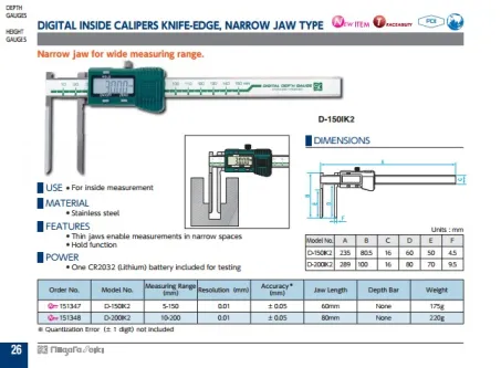 Digital Inside Calipers Knife-Edge, Narrow Jaw (D-K2 Series) 2