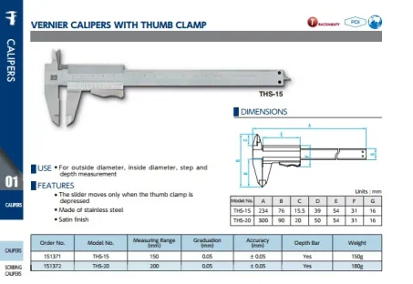 Vernier Calipers w/ Thumb Clamp (THS Series) 2